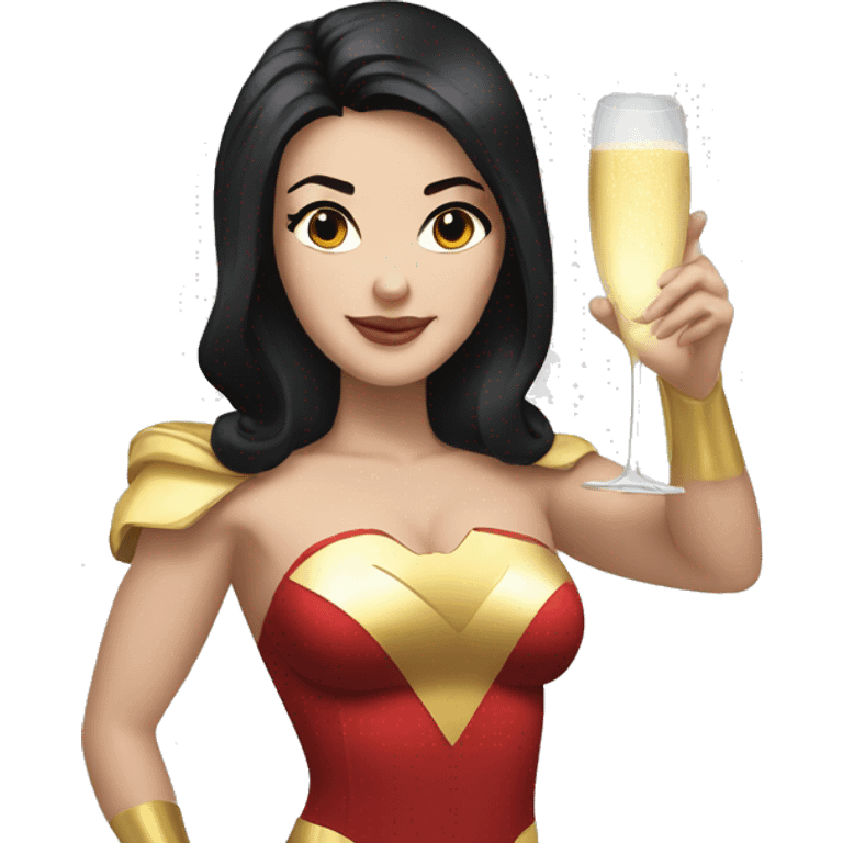 White girl in a superwoman costume with black hair holding a champagne bottle emoji