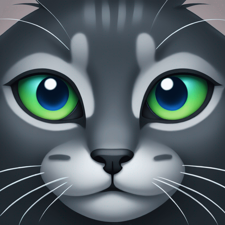 Solid Dark grey cat with blue, green eyes, looking pensive emoji