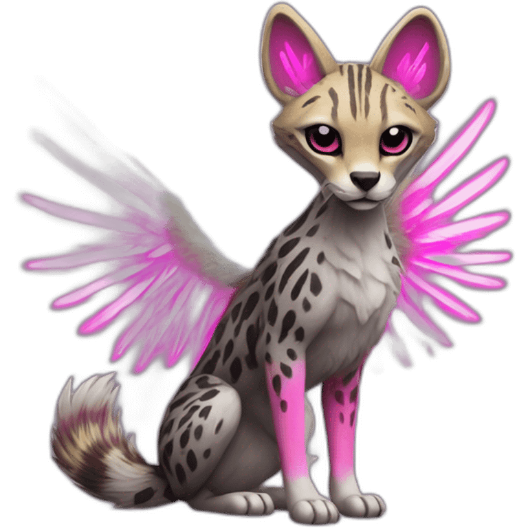 Coyote ocelot standing with grey and black fur and phoenix wings on back and pink ears half skeleton, neon lights emoji