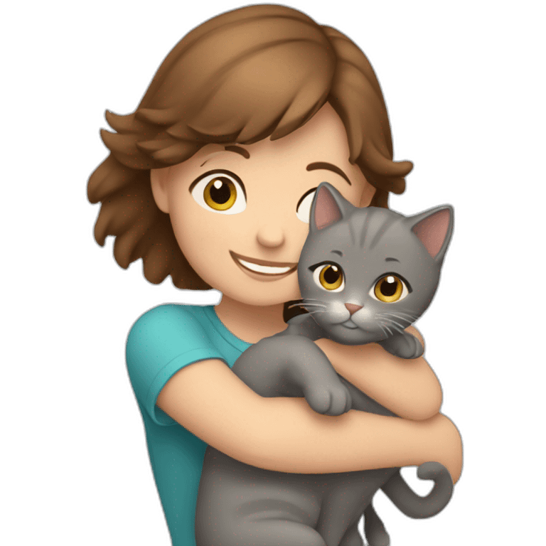 happy brown-haired girl hugging gray cat emoji