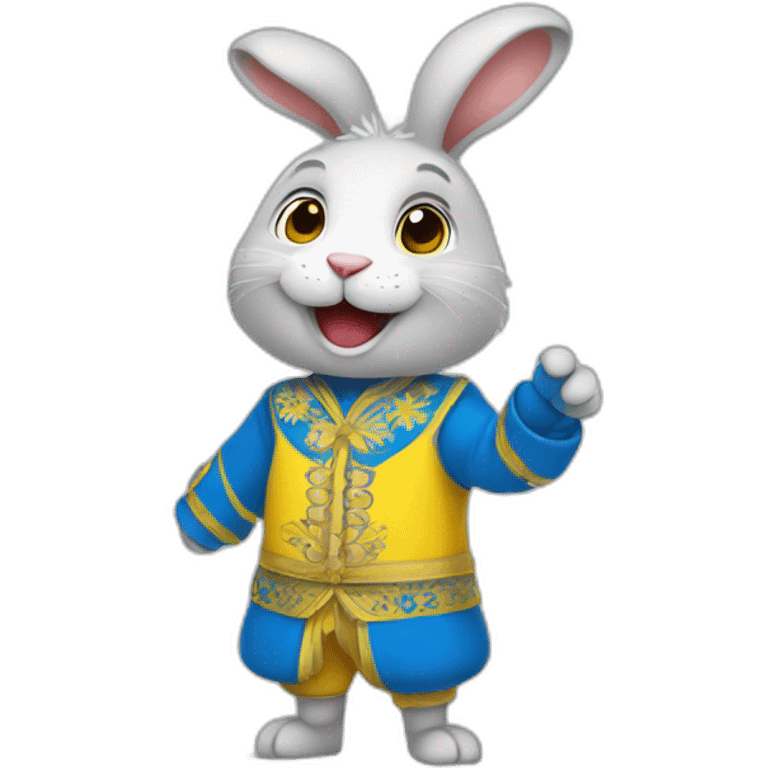 the rabbit is dressed in a costume in the color of the Ukrainian flag and smiles emoji