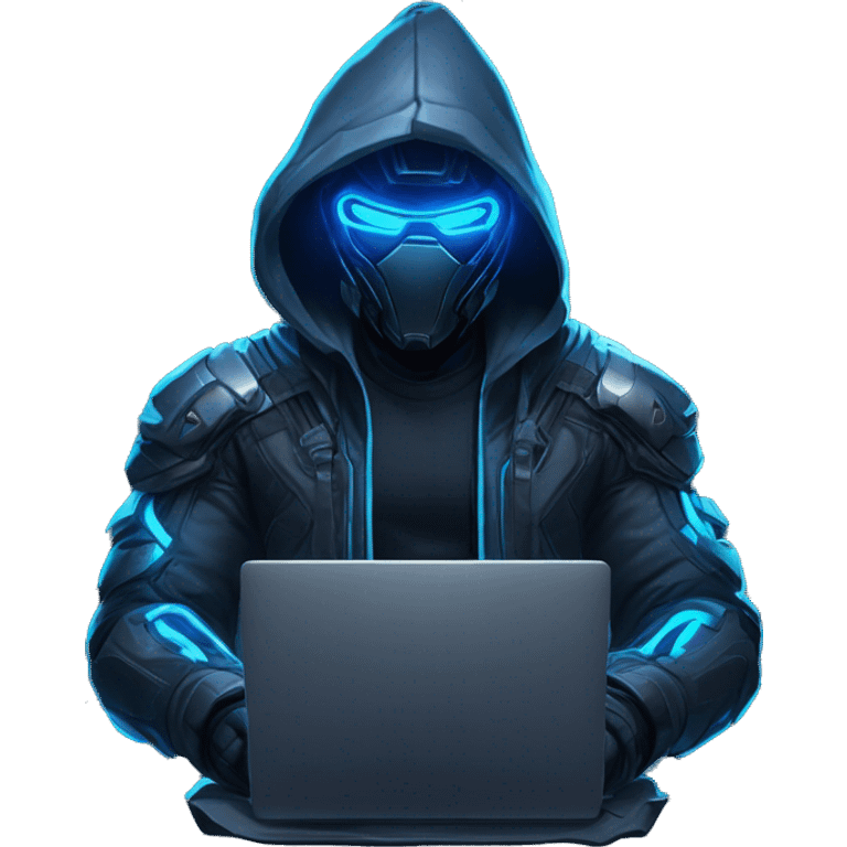 developer behind his laptop with this style : crysis Cyberpunk Riot Games Valorant neon glowing bright blue character blue black hooded assassin themed character emoji