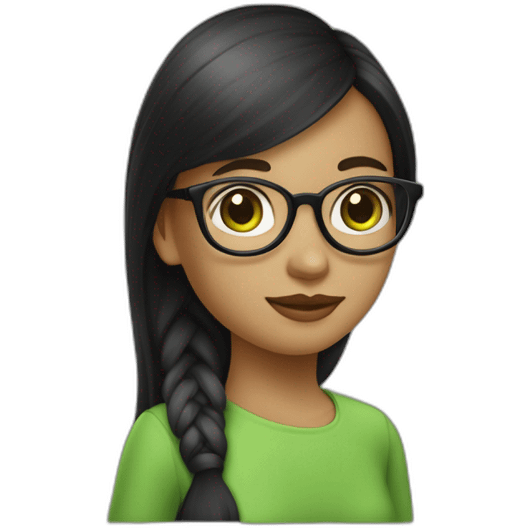 une fille avec de long cheveux noir lisse , des yeux vert , et avec des lunette (en forme de carrer un peu déformé) assez grosse comparer a ça tête emoji