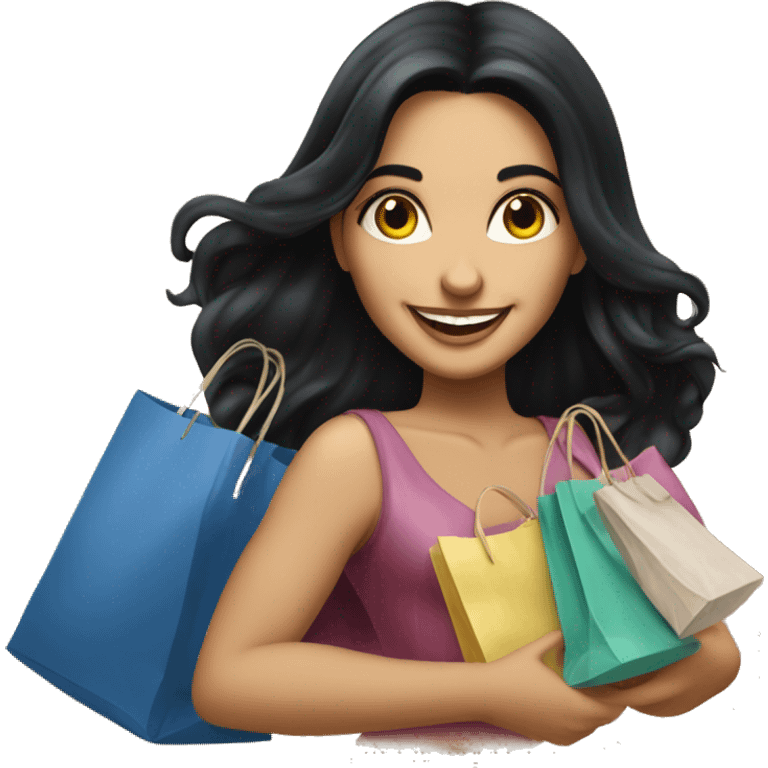 Tanned beautiful italian woman with long black hair smiling and holding bags shopping, luxury realism emoji