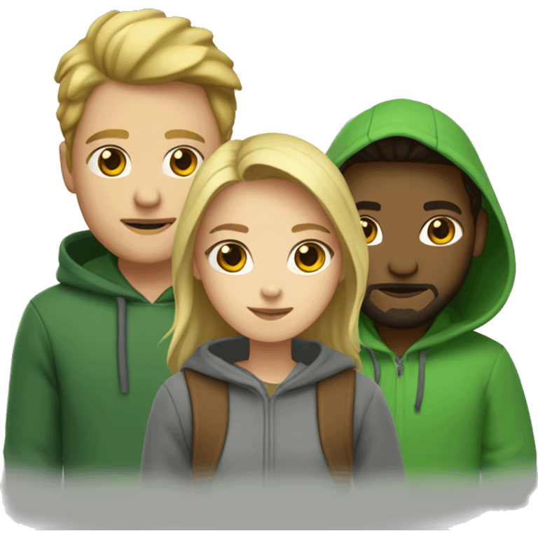 two girls and one guy. one of the girls is a blonde in a green sweater, the other has brown hair and wear gray hoodie, in the middle is a guy with dark hair and a beard emoji