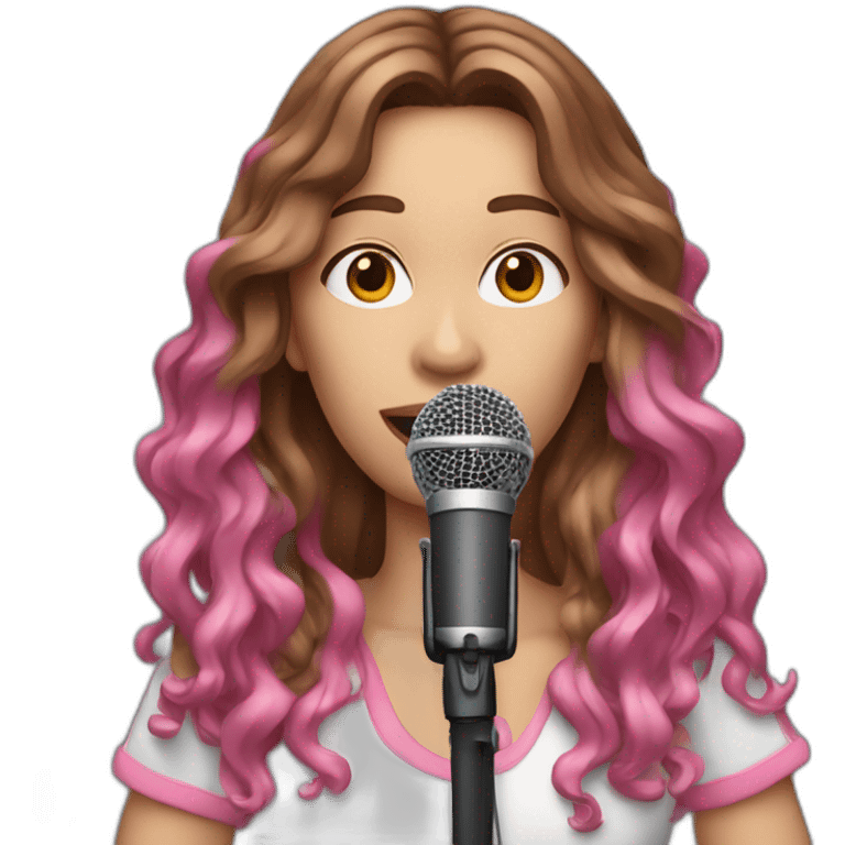 Caucasian woman with long brown hair and pink highlights, with a microphone singing emoji