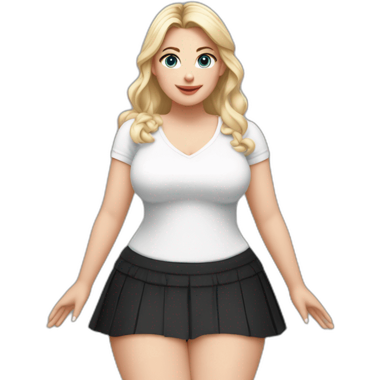 Front view full body curvy caucasian beauty sitting straight hands up black skirt white knickers white socks emoji