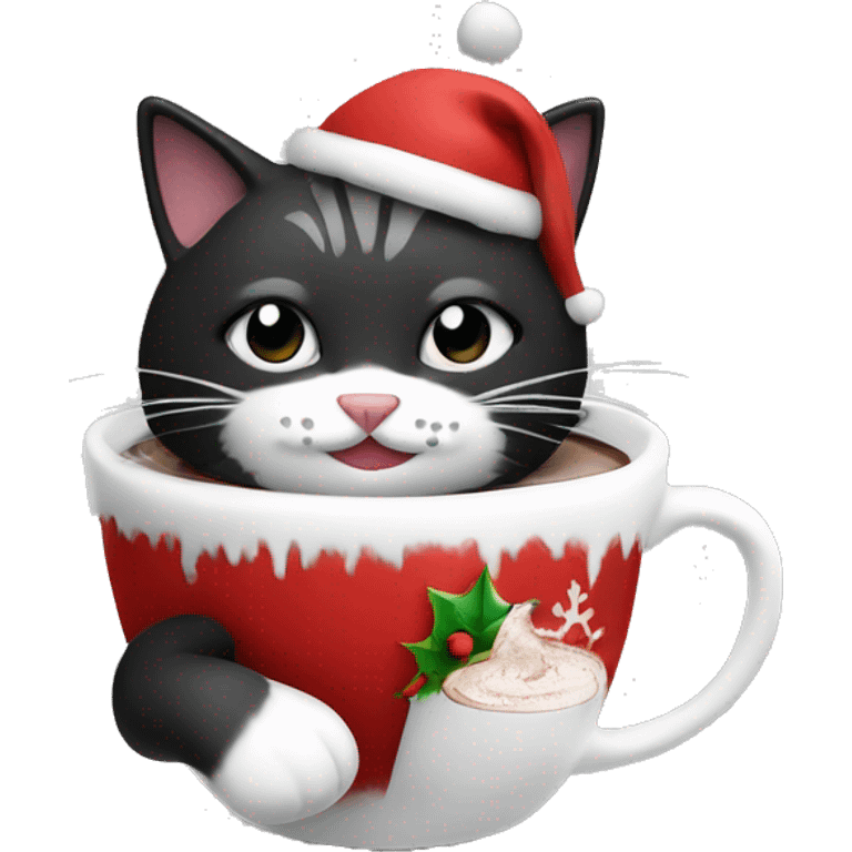 Christmas cat black and White with hot chocolate  emoji