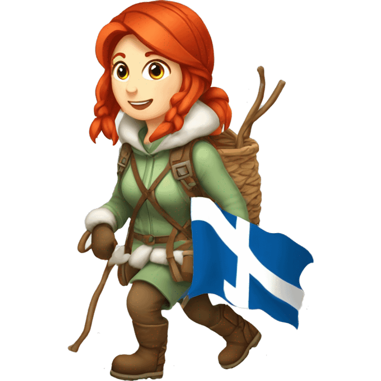 red hair female winter mountaineer climbing with Easter eggsbasket and Greek flag emoji