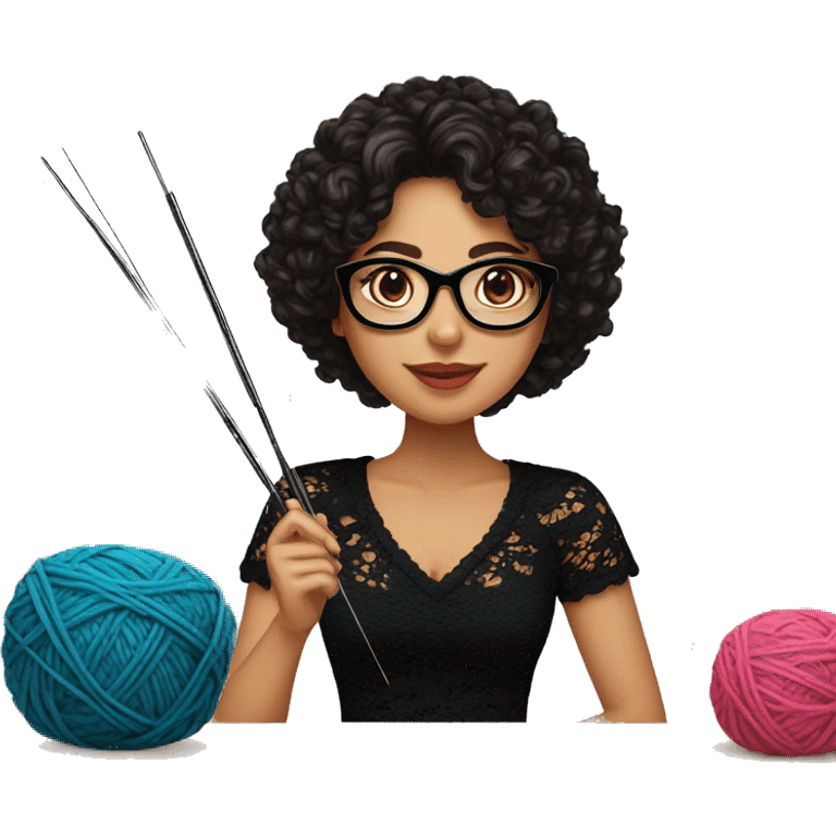 Hispanic woman with black glasses long dark brown curly hair holding crochet needle and yarn wearing a black lace shirt emoji