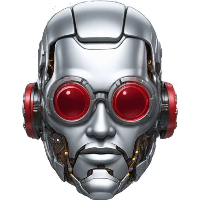 Silver round male cyborg head with red goggles, goatee and circuits emoji