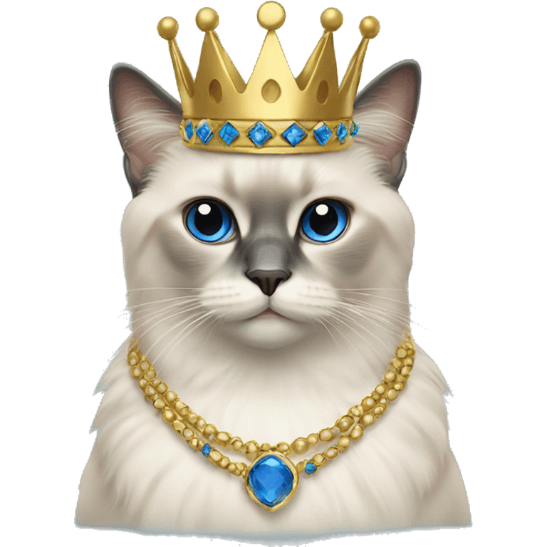 Birman cat wearing gold and blue crown and necklesd emoji