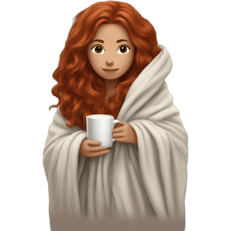 Auburn hair girl wrapped in big blanket drinking coffee emoji