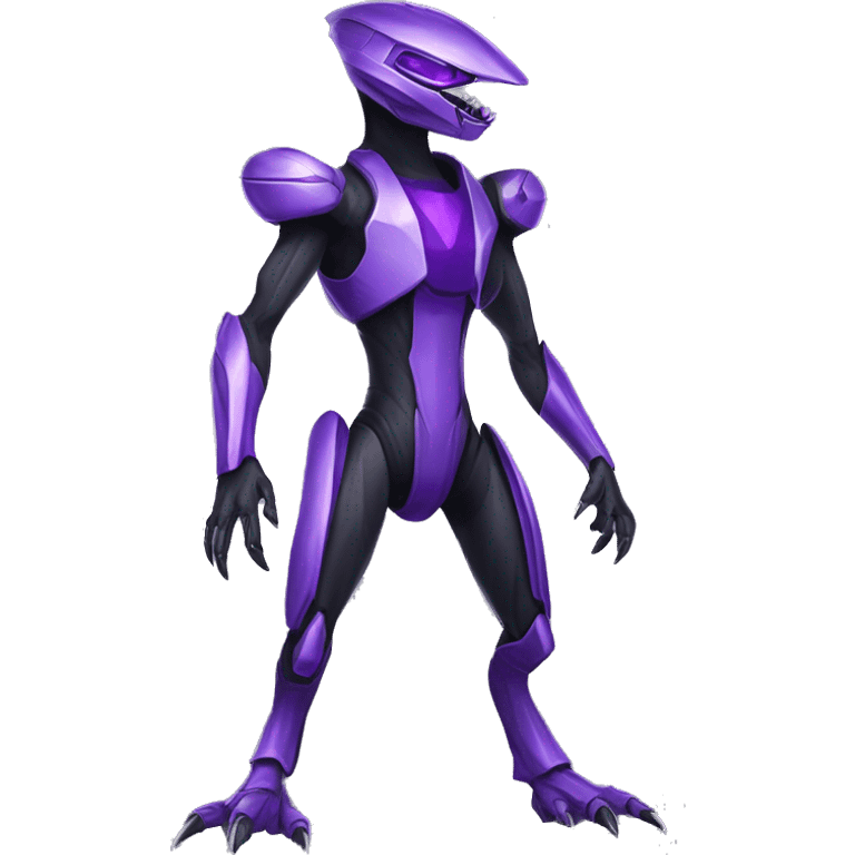 a shiny black-purple Genesect-Raptor-Fakémon—hybrid with a futuristic visor-helmet full body emoji