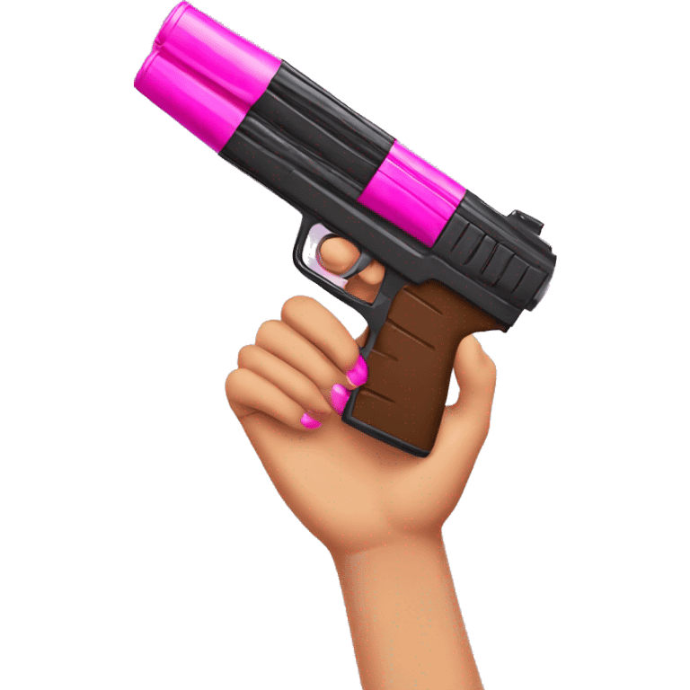 brown hand with pink nails holding large scary dark nerf gun emoji