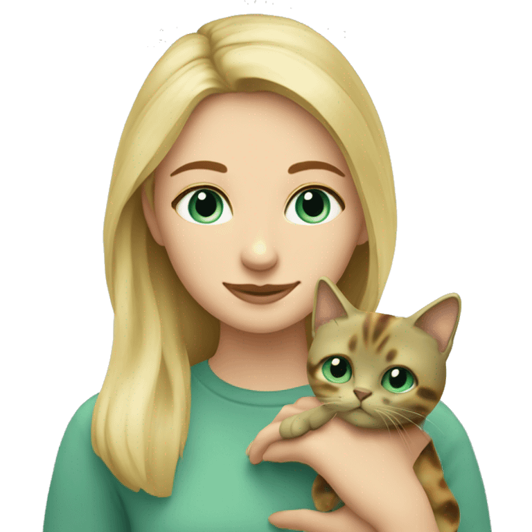 blonde girl with blue eyes wearing sage green holding tortoiseshell cat emoji