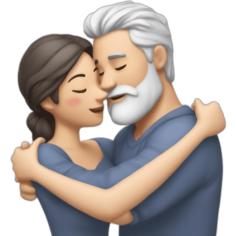 image of woman with dark brown hair kisses and hugs man with gray hair and white beard with floating hearts emoji