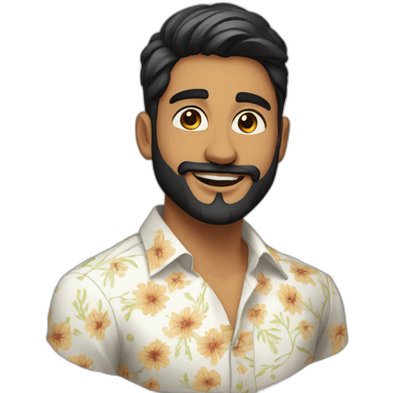 Indian 23 year old male with fair complexion with full beard,sharp nose, white floral shirt, winking  emoji