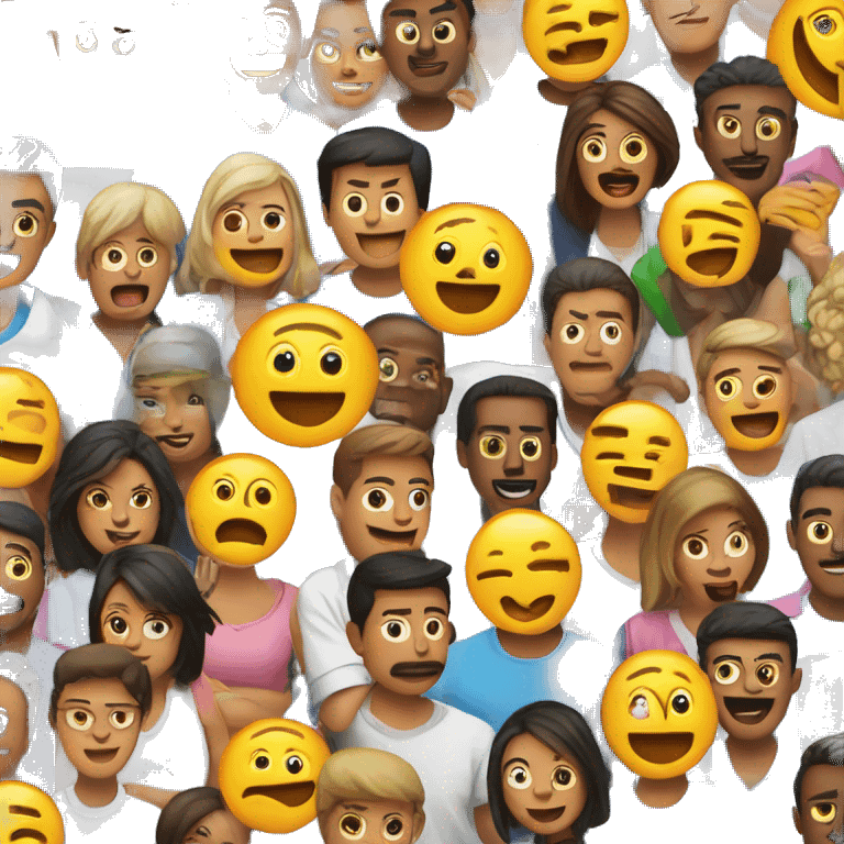 An emoji of people participating in challenges, with a camera capturing their fun moments, surrounded by colorful elements like question marks and exclamation points emoji