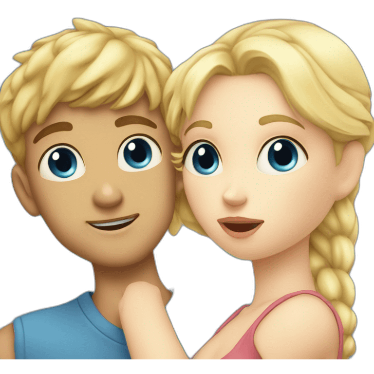 A blond boy with blue eyes who kisses a pretty blonde girl with blues eyes,  with a heart above their heads  emoji