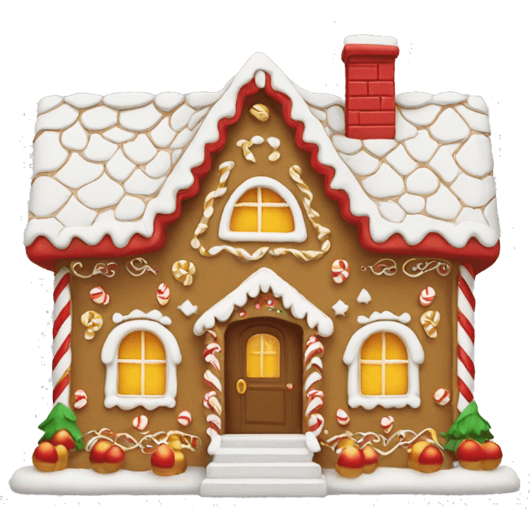 white gingerbread house with red and gold decorations  emoji