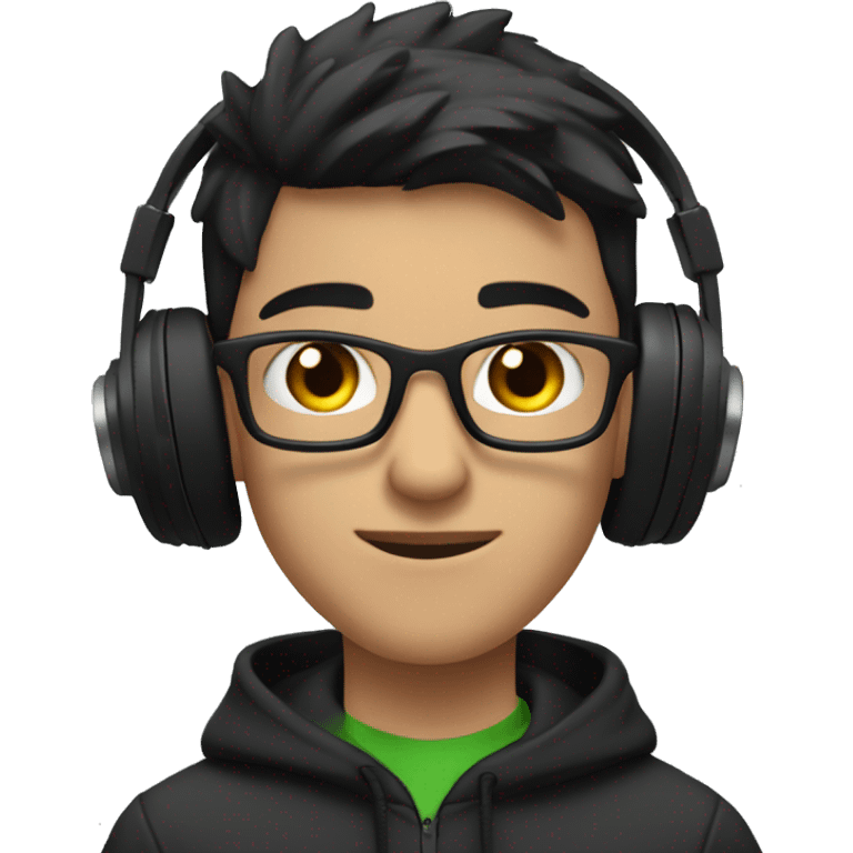 A young man with short dark hair, glasses, and black headphones. He's wearing a dark hoodie and has a focused expression. The background has a frosty white blur effect, with a green plant visible behind him. emoji