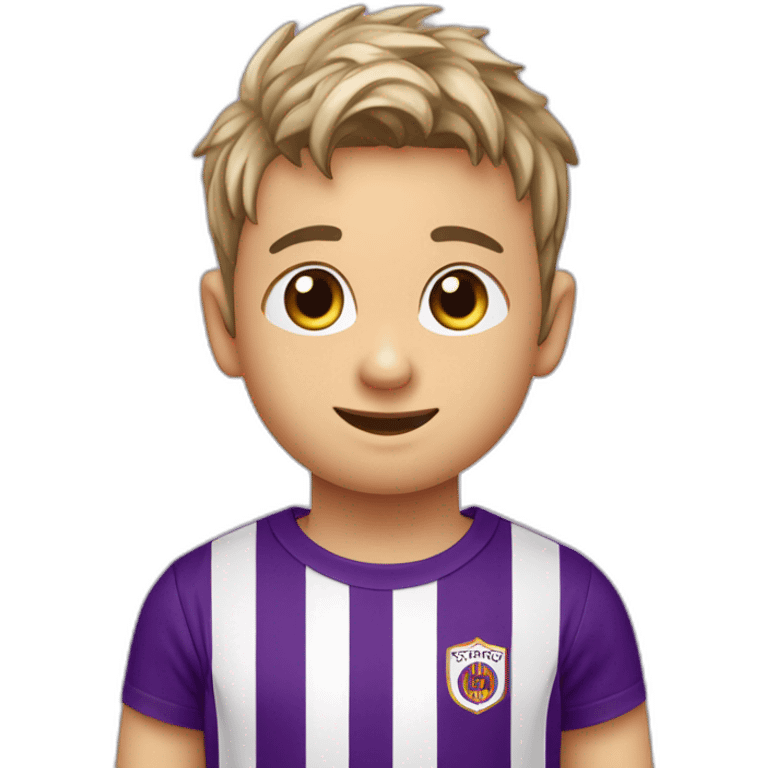 Niño pelo rubio futbolista camiseta rayas verticales moradas emoji