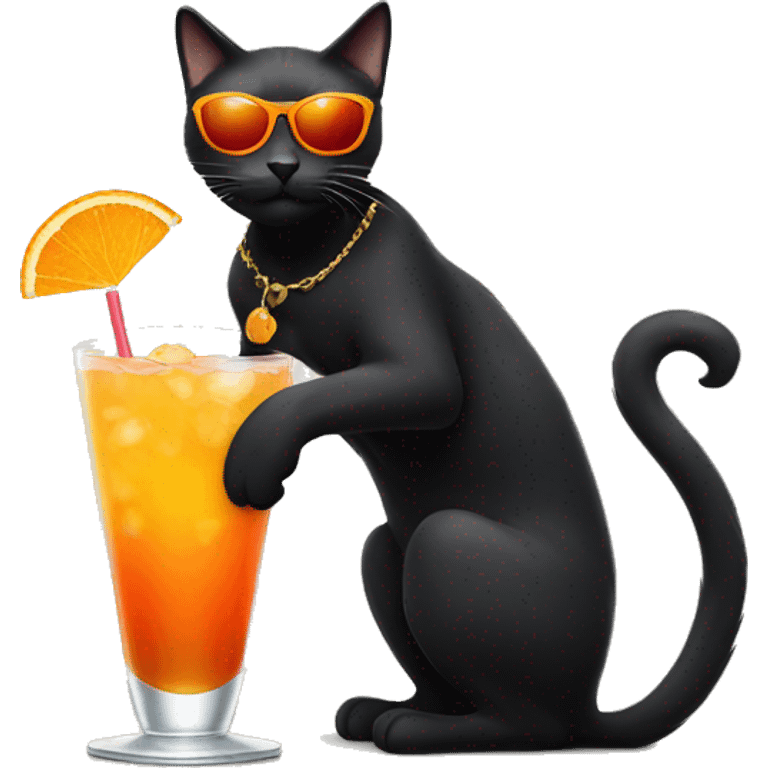 black cat with orange eyes sunglasses and coctail emoji