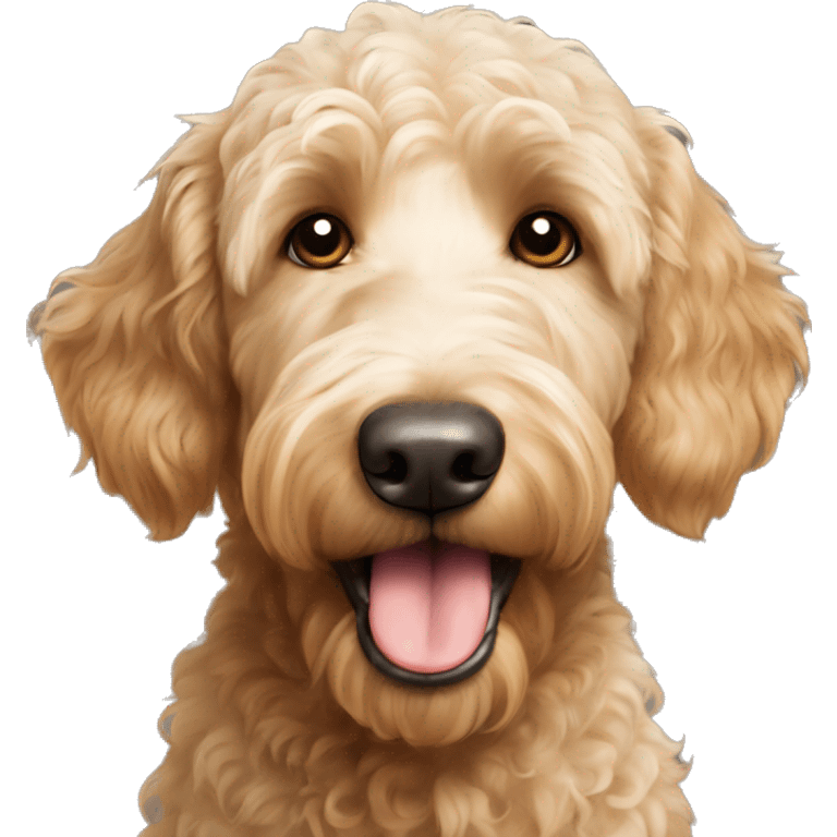 Golden doodle dog showing tongue white head brown ears and brown patch on head emoji