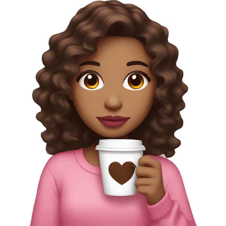 Light skin , dark brown wavy hair, pink lips , pink cheeks, holding coffee, cozy emoji