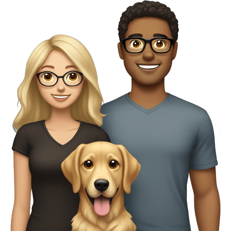 26 year old brunette with blonde highlights wearing glasses with her husband with dark brown hair and their golden retriever  emoji