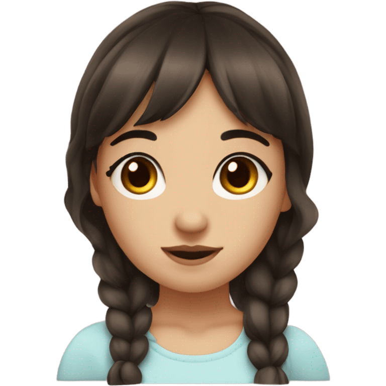 girl with wispy bangs and dark brown hair, brown bambi eyes and a soft round face emoji