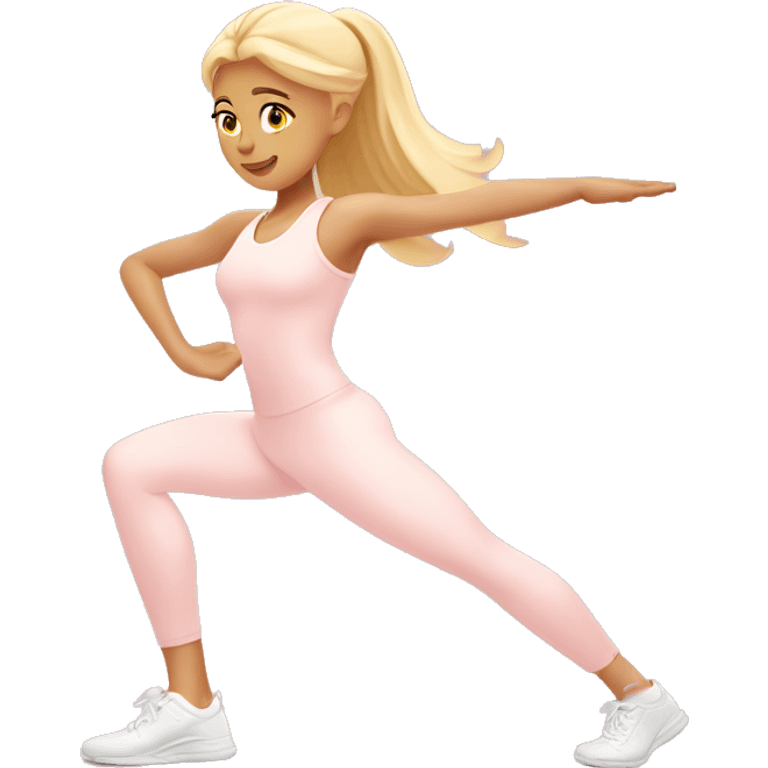 angelic blonde girl stretching in light pink gym  emoji