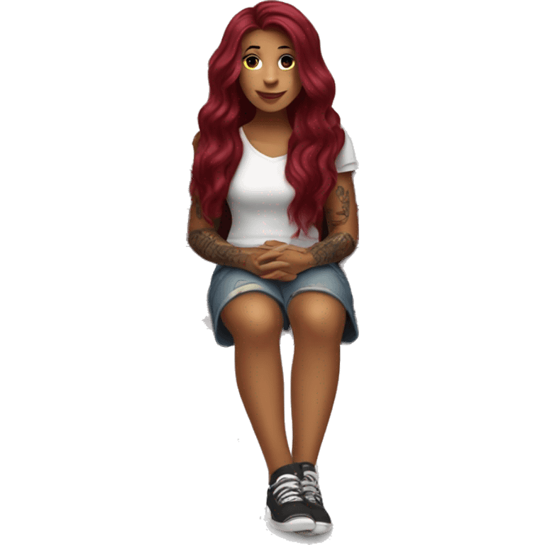 Beautiful tattooed burgundy long haired woman sitting on a bench emoji