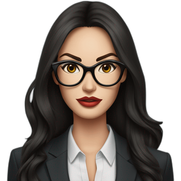 megan fox in a suit with big black glasses holding a whip realistic emoji