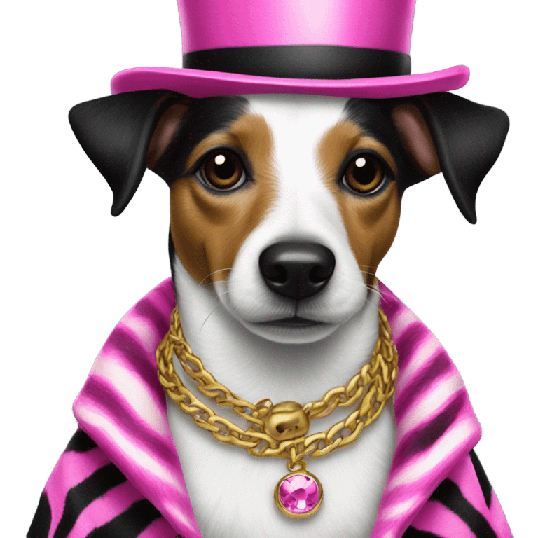 Black jack russell dog with top hat on wearing a pink zebra coat and a gold chain  emoji