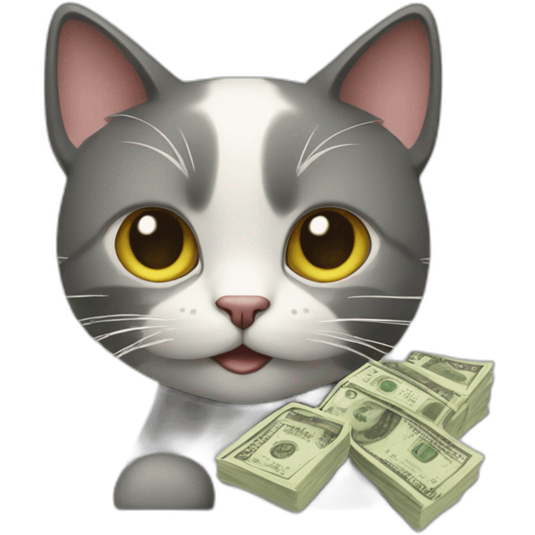 A cat holding lots of money facing the camera emoji