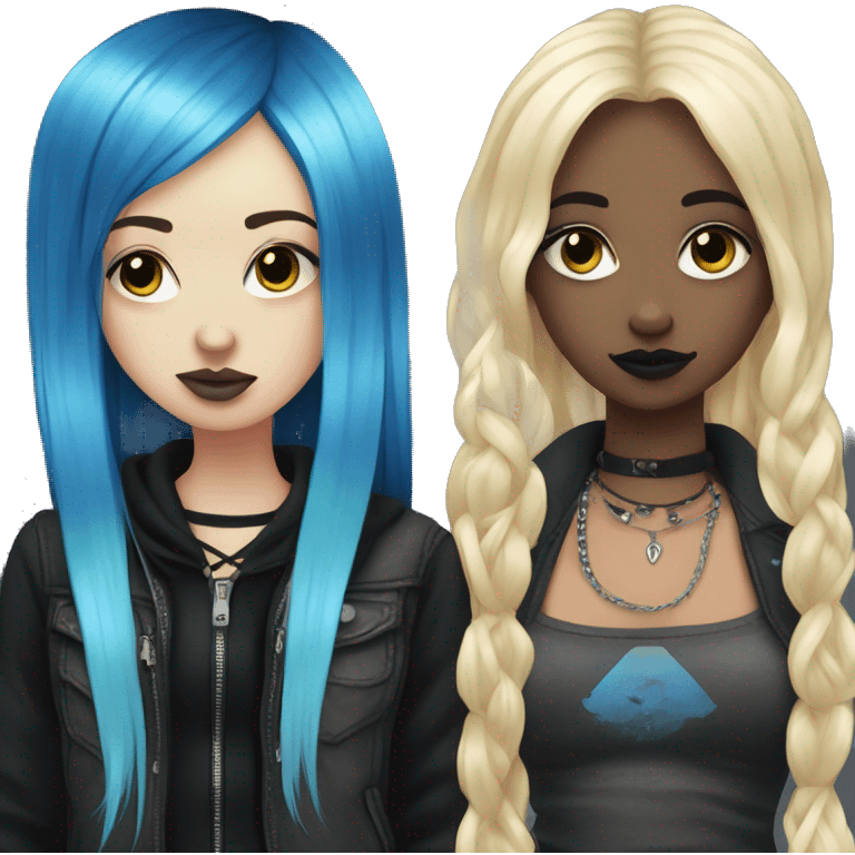 Two best friends goth style one with blue hair and a septum ring and the other with blonde and black hair emoji