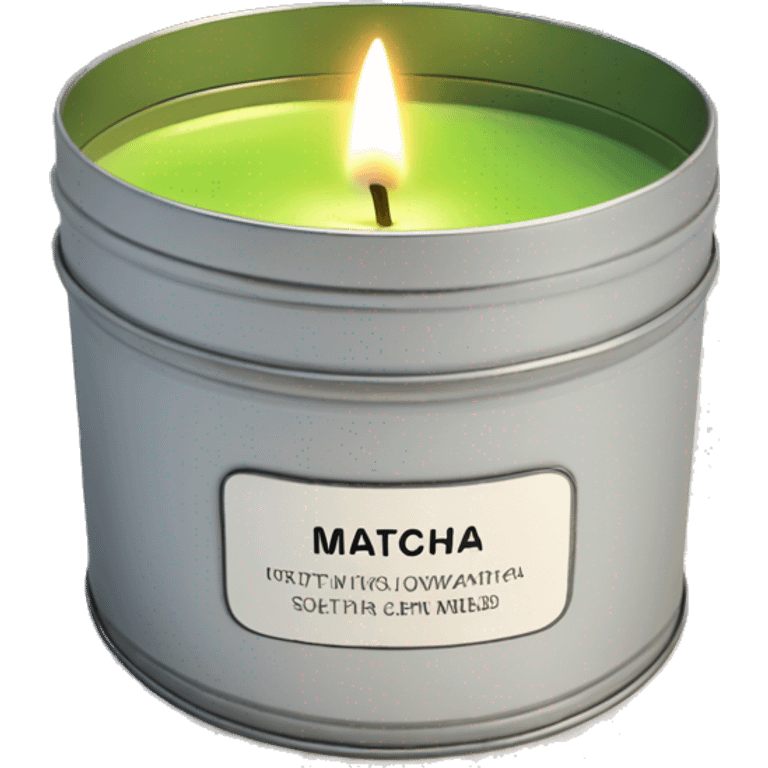 small pretty matcha scented candle in silver tin with label realistic emoji