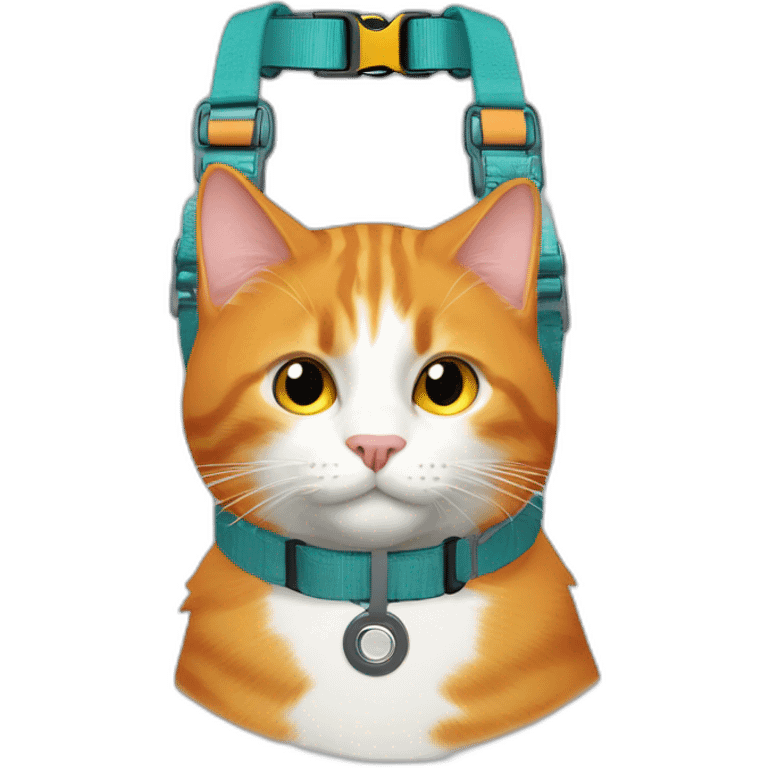 ginger cat with orange colored neckband, a teal harness, with an airtag attached to the neckband emoji