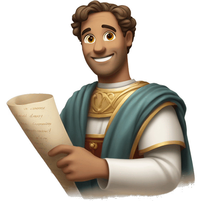 Lovestruck Senator with a Love Scroll: A Roman senator smiling, holding a scroll with hearts drawn on it, with a dreamy and gentle expression. emoji