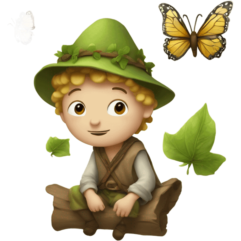 Medieval little whimsical little boy who is pale and he has a leaf hat and is riding a butterfly emoji