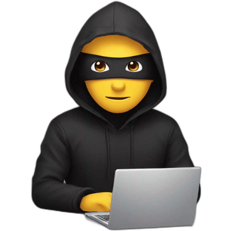 Developer with a black hood behind his computer and taping on his keyboard emoji