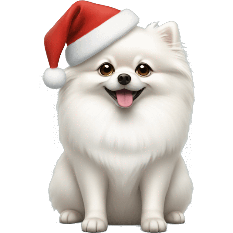 White Pomeranian in a Christmas hat emoji