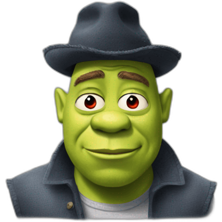 Shrek as rick astley with sic eyes and a Red hat emoji