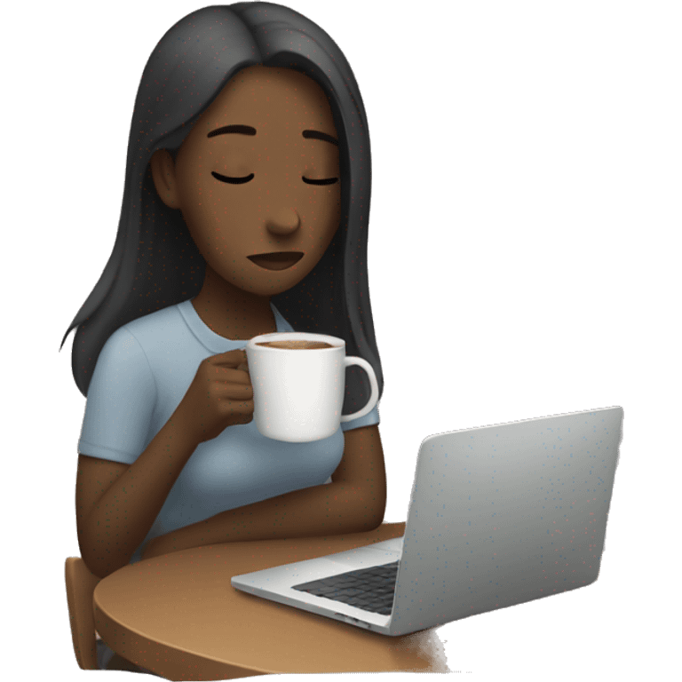 tired girl with laptop drinking a lot of coffee emoji