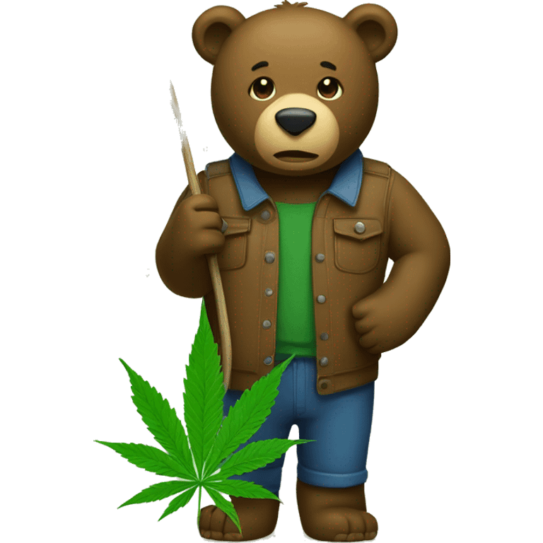 A brown bear is holding a flag on which there is a a green cannabis leaf.  emoji