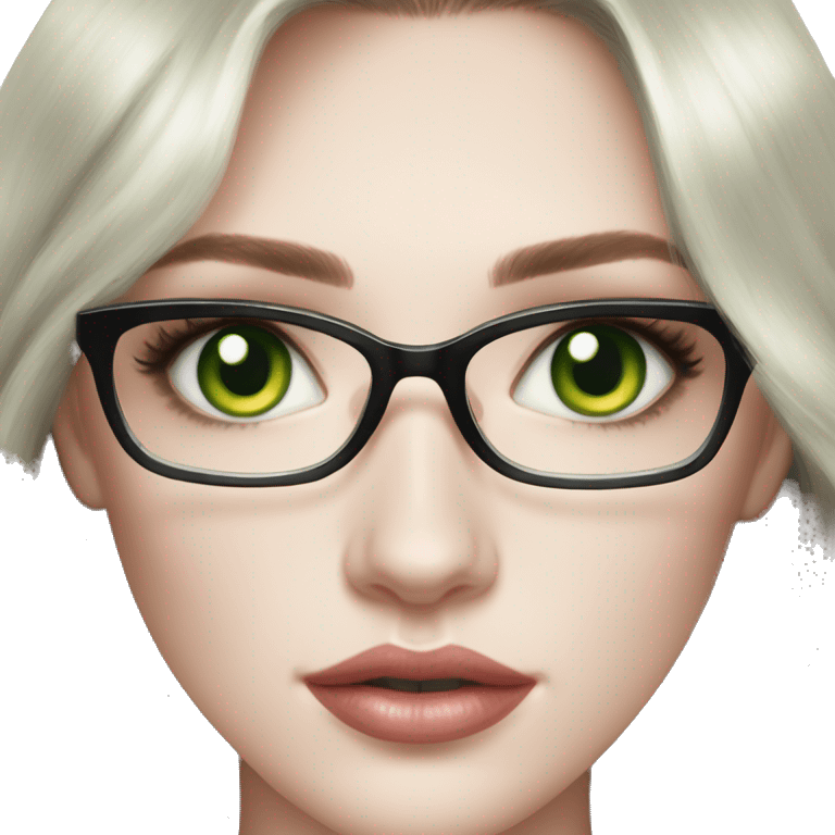 Pale skin with natural makeup and face shape like diamond. Green eyes. Glasses colour white. Brunette with highlights hair. Lips like Kat Dennings. Gaze eyes look emoji