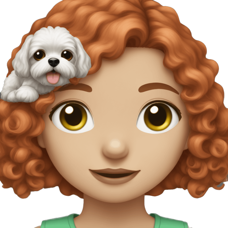 red haired girl with green eyes with her two black and white Maltipoo dog emoji