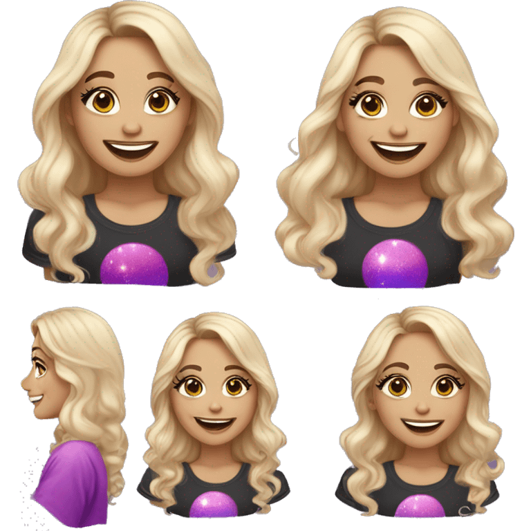 An adult white-skinned woman, with makeup, smiling, face painting and pink and purple sparkles on her face, blue eyes, long wavy ombre hair from light brown to blonde, ring earrings, black T-shirt. emoji